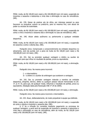 PENA: multa, de R$ 100,00 (cem reais) a R$ 100.000,00 (cem mil reais), suspensão de
trezentos e sessenta a setecentos e vinte dias e eliminação no caso de reincidência.
(NR).

        Art. 239. Deixar de praticar ato de ofício, por interesse pessoal ou para
favorecer ou prejudicar outrem ou praticá-lo, para os mesmos fins, com abuso de
poder ou excesso de autoridade.

PENA: multa, de R$ 100,00 (cem reais) a R$ 100.000,00 (cem mil reais), suspensão de
cento e vinte a trezentos e sessenta dias e eliminação no caso de reincidência. (NR).

         Art. 240. Aliciar atleta autônomo ou pertencente a qualquer entidade
desportiva.

PENA: multa, de R$ 100,00 (cem reais) a R$ 100.000,00 (cem mil reais), e suspensão
de sessenta a cento e oitenta dias. (NR).

         Parágrafo único. Comprovado o comprometimento da entidade desportiva no
aliciamento, será ela punida com a pena de multa de R$ 100,00 (cem reais) a R$
100.000,00 (cem mil reais). (NR).

         Art. 241. Dar ou prometer qualquer vantagem a árbitro ou auxiliar de
arbitragem para que influa no resultado da partida, prova ou equivalente.

PENA: multa, de R$ 100,00 (cem reais) a R$ 100.000,00 (cem mil reais), e eliminação.
(NR).

        Parágrafo único. Na mesma pena incorrerá:

            I - o intermediário;
            II - o árbitro e o auxiliar de arbitragem que aceitarem a vantagem.

         Art. 242. Dar ou prometer vantagem indevida a membro de entidade
desportiva, dirigente, técnico, atleta ou qualquer pessoa natural mencionada no art.
1º, § 1º, VI, para que, de qualquer modo, influencie o resultado de partida, prova ou
equivalente. (Redação dada pela Resolução CNE nº 29 de 2009).

PENA: multa, de R$ 100,00 (cem reais) a R$ 100.000,00 (cem mil reais), e eliminação.

        Parágrafo único. Na mesma pena incorrerá o intermediário.

        Art. 243. Atuar, deliberadamente, de modo prejudicial à equipe que defende.

PENA: multa, de R$ 100,00 (cem reais) a R$ 100.000,00 (cem mil reais), e suspensão
de cento e oitenta a trezentos e sessenta dias. (NR).
         § 1º Se a infração for cometida mediante pagamento ou promessa de
qualquer vantagem, a pena será de suspensão de trezentos e sessenta a setecentos e
vinte dias e eliminação no caso de reincidência, além de multa, de R$ 100,00 (cem
reais) a R$ 100.000,00 (cem mil reais). (NR).
 