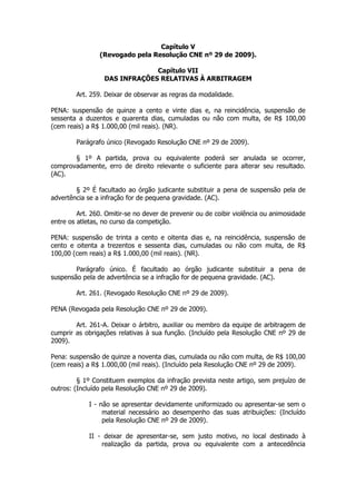 Capítulo V
                (Revogado pela Resolução CNE nº 29 de 2009).

                               Capítulo VII
                  DAS INFRAÇÕES RELATIVAS À ARBITRAGEM

        Art. 259. Deixar de observar as regras da modalidade.

PENA: suspensão de quinze a cento e vinte dias e, na reincidência, suspensão de
sessenta a duzentos e quarenta dias, cumuladas ou não com multa, de R$ 100,00
(cem reais) a R$ 1.000,00 (mil reais). (NR).

        Parágrafo único (Revogado Resolução CNE nº 29 de 2009).

       § 1º A partida, prova ou equivalente poderá ser anulada se ocorrer,
comprovadamente, erro de direito relevante o suficiente para alterar seu resultado.
(AC).

        § 2º É facultado ao órgão judicante substituir a pena de suspensão pela de
advertência se a infração for de pequena gravidade. (AC).

         Art. 260. Omitir-se no dever de prevenir ou de coibir violência ou animosidade
entre os atletas, no curso da competição.

PENA: suspensão de trinta a cento e oitenta dias e, na reincidência, suspensão de
cento e oitenta a trezentos e sessenta dias, cumuladas ou não com multa, de R$
100,00 (cem reais) a R$ 1.000,00 (mil reais). (NR).

        Parágrafo único. É facultado ao órgão judicante substituir a pena de
suspensão pela de advertência se a infração for de pequena gravidade. (AC).

        Art. 261. (Revogado Resolução CNE nº 29 de 2009).

PENA (Revogada pela Resolução CNE nº 29 de 2009).

        Art. 261-A. Deixar o árbitro, auxiliar ou membro da equipe de arbitragem de
cumprir as obrigações relativas à sua função. (Incluído pela Resolução CNE nº 29 de
2009).

Pena: suspensão de quinze a noventa dias, cumulada ou não com multa, de R$ 100,00
(cem reais) a R$ 1.000,00 (mil reais). (Incluído pela Resolução CNE nº 29 de 2009).

         § 1º Constituem exemplos da infração prevista neste artigo, sem prejuízo de
outros: (Incluído pela Resolução CNE nº 29 de 2009).

             I - não se apresentar devidamente uniformizado ou apresentar-se sem o
                  material necessário ao desempenho das suas atribuições: (Incluído
                  pela Resolução CNE nº 29 de 2009).

             II - deixar de apresentar-se, sem justo motivo, no local destinado à
                 realização da partida, prova ou equivalente com a antecedência
 