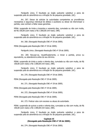 Parágrafo único. É facultado ao órgão judicante substituir a pena de
suspensão pela de advertência se a infração for de pequena gravidade. (AC).

         Art. 267. Deixar de solicitar às autoridades competentes as providências
necessárias à segurança individual de atletas e auxiliares ou deixar de interromper a
partida, caso venham a faltar essas garantias.

PENA: suspensão de trinta a trezentos e sessenta dias, cumulada ou não com multa,
de R$ 100,00 (cem reais) a R$ 1.000,00 (mil reais). (NR).

        Parágrafo único. É facultado ao órgão judicante substituir a pena de
suspensão pela de advertência se a infração for de pequena gravidade. (AC).

        Art. 268. (Revogado Resolução CNE nº 29 de 2009).

PENA (Revogada pela Resolução CNE nº 29 de 2009).

        Parágrafo único. (Revogado Resolução CNE nº 29 de 2009).

        Art. 269. Recusar-se, injustificadamente, a iniciar a partida, prova ou
equivalente, ou abandoná-la antes do seu término.

PENA: suspensão de trinta a cento e oitenta dias, cumulada ou não com multa, de R$
100,00 (cem reais) a R$ 1.000,00 (mil reais). (NR).

        Parágrafo único. É facultado ao órgão judicante substituir a pena de
suspensão pela de advertência se a infração for de pequena gravidade. (AC).

        Art. 270. (Revogado Resolução CNE nº 29 de 2009).

PENA (Revogada pela Resolução CNE nº 29 de 2009).

        Art. 271. (Revogado Resolução CNE nº 29 de 2009).

PENA (Revogada pela Resolução CNE nº 29 de 2009).

        Art. 272. (Revogado Resolução CNE nº 29 de 2009).

PENA (Revogada pela Resolução CNE nº 29 de 2009).

        Art. 273. Praticar atos com excesso ou abuso de autoridade.

PENA: suspensão de quinze a cento e oitenta dias, cumulada ou não com multa, de R$
100,00 (cem reais) a R$ 1.000,00 (mil reais). (NR).

        Parágrafo único. É facultado ao órgão judicante substituir a pena de
suspensão pela de advertência se a infração for de pequena gravidade. (AC).

                                Capítulo VI
                (Revogado pela Resolução CNE nº 29 de 2009).

        Art. 274. (Revogado Resolução CNE nº 29 de 2009).
 