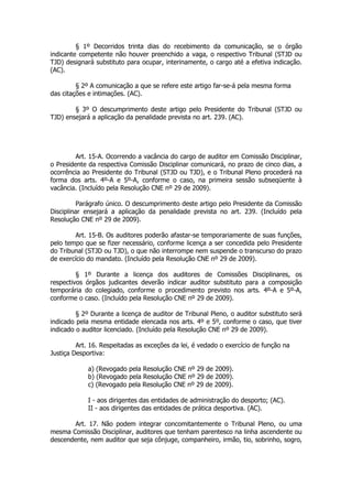 § 1º Decorridos trinta dias do recebimento da comunicação, se o órgão
indicante competente não houver preenchido a vaga, o respectivo Tribunal (STJD ou
TJD) designará substituto para ocupar, interinamente, o cargo até a efetiva indicação.
(AC).

         § 2º A comunicação a que se refere este artigo far-se-á pela mesma forma
das citações e intimações. (AC).

        § 3º O descumprimento deste artigo pelo Presidente do Tribunal (STJD ou
TJD) ensejará a aplicação da penalidade prevista no art. 239. (AC).




         Art. 15-A. Ocorrendo a vacância do cargo de auditor em Comissão Disciplinar,
o Presidente da respectiva Comissão Disciplinar comunicará, no prazo de cinco dias, a
ocorrência ao Presidente do Tribunal (STJD ou TJD), e o Tribunal Pleno procederá na
forma dos arts. 4º-A e 5º-A, conforme o caso, na primeira sessão subseqüente à
vacância. (Incluído pela Resolução CNE nº 29 de 2009).

         Parágrafo único. O descumprimento deste artigo pelo Presidente da Comissão
Disciplinar ensejará a aplicação da penalidade prevista no art. 239. (Incluído pela
Resolução CNE nº 29 de 2009).

        Art. 15-B. Os auditores poderão afastar-se temporariamente de suas funções,
pelo tempo que se fizer necessário, conforme licença a ser concedida pelo Presidente
do Tribunal (STJD ou TJD), o que não interrompe nem suspende o transcurso do prazo
de exercício do mandato. (Incluído pela Resolução CNE nº 29 de 2009).

         § 1º Durante a licença dos auditores de Comissões Disciplinares, os
respectivos órgãos judicantes deverão indicar auditor substituto para a composição
temporária do colegiado, conforme o procedimento previsto nos arts. 4º-A e 5º-A,
conforme o caso. (Incluído pela Resolução CNE nº 29 de 2009).

         § 2º Durante a licença de auditor de Tribunal Pleno, o auditor substituto será
indicado pela mesma entidade elencada nos arts. 4º e 5º, conforme o caso, que tiver
indicado o auditor licenciado. (Incluído pela Resolução CNE nº 29 de 2009).

         Art. 16. Respeitadas as exceções da lei, é vedado o exercício de função na
Justiça Desportiva:

             a) (Revogado pela Resolução CNE nº 29 de 2009).
             b) (Revogado pela Resolução CNE nº 29 de 2009).
             c) (Revogado pela Resolução CNE nº 29 de 2009).

             I - aos dirigentes das entidades de administração do desporto; (AC).
             II - aos dirigentes das entidades de prática desportiva. (AC).

       Art. 17. Não podem integrar concomitantemente o Tribunal Pleno, ou uma
mesma Comissão Disciplinar, auditores que tenham parentesco na linha ascendente ou
descendente, nem auditor que seja cônjuge, companheiro, irmão, tio, sobrinho, sogro,
 