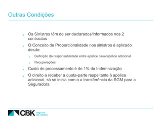 Outras Condições


      Os Sinistros têm de ser declarados/informados nos 2
      contractos
      O Conceito de Proporcionalidade nos sinistros é aplicado
      desde:
         Definição da responsabilidade entre apólice base/apólice adicional
         Recuperações

      Custo de processamento é de 1% da Indemnização
      O direito a receber a quota-parte respeitante à apólice
      adicional, só se inicia com o a transferência da SGM para a
      Seguradora
 