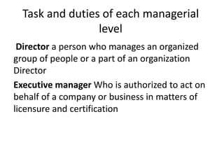 Task and duties of each managerial
level
Director a person who manages an organized
group of people or a part of an organization
Director
Executive manager Who is authorized to act on
behalf of a company or business in matters of
licensure and certification
 