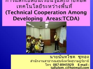 การแลกเปลี่ย นเรีย นรู้แ ละถ่า ยทอด
    เทคโนโลยีร ะหว่า งพื้น ที่
(Technical Cooperation Among
   Developing Areas:TCDA)




                        นายนัน ทโชค ชูท อง
          สำา นัก งานสาธารณสุข จัง หวัด สุร าษฎร์ธ านี
                     โทร 087-8945929 E-mail :
                        tallulom_c@hotmail.com
 