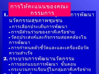 การให้ค ะแนนของคณะ
             กรรมการ
1. ที่ม าและการกำา หนดรูป แบบการพัฒ นา
  นวัต กรรมสุข ภาพชุม ชน
  - การเลือ กประเด็น การพัฒ นา
  - การมีส ว นร่ว มของภาคีเ ครือ ข่า ย
             ่
  - วัต ถุป ระสงค์แ ละกิจ กรรมสอดคล้อ งใน
  การพัฒ นา
  - การกำา หนดตัว ชีว ัด และและเครื่อ งมือ วัด
                      ้
  ความสำา เร็จ
2. กระบวนการพัฒ นานวัต กรรม
  - การออกแบบการพัฒ นา ขั้น ตอน
  - กระบวนการเรีย นรู้ใ นกลุ่ม ภาคีเ ครือ ข่า ย
 