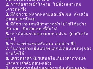 เพื่อ นร่ว มงานและสัง คม
2. การสือ สารเข้า ใจง่า ย ใช้ส อ เหมาะสม
           ่
         เกณฑ์ก ารโหวตกองทุน ฯ   ื่
เคารพผูฟ ัง  ้
3. มีก ิจ กรรมหลากหลายและชัด เจน ส่ง เสริม
ชุม ชนและสัง คม
4. มีก ิจ กรรมเด่น ที่ส ามารถนำา ไปใช้ไ ด้อ ย่า ง
ชัด เจน เป็น ต้น แบบที่อ น ได้
                           ื่
5. การมีส ว นร่ว มของทุก ภาคส่ว น (ภาคีเ ครือ
               ่
ข่า ย)
6. ความพร้อ มของทีม งาน เอกสาร สือ     ่
7. ในภาพรวมเป็น แหล่ง แลกเปลี่ย นเรีย นรู้ข อง
ภาคใต้ไ ด้
8. เคารพเวลา (นำา เสนอไม่เ กิน เวลากำา หนด
                  ค่า คะแนน
และตามลำา ดับ ก่อ น-หลัง )
 