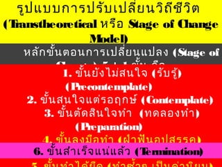 รูป แบบการปรับ เปลี่ย นวิถ ช ีว ิต
                             ี
(Transtheoretical หรือ Stage of Change
               M  odel)
   หลัก ขั้น ตอนการเปลี่ย นแปลง (Stage of
           Change) 5 + 1 ขั้น คือ
            1. ขั้น ยัง ไม่ส นใจ (รับ รู้)
             (P recontemplate)
   2. ขั้น สนใจแต่ร อฤกษ์ (Contemplate)
       3. ขั้น ตัด สิน ใจทำา (ทดลองทำา )
               (P reparation)
       4. ขั้น ลงมือ ทำา (ฝ่า ฟัน อุป สรรค)
    6. ขั้น สำา เร็จ แน่แ ล้ว (T
                   (Action) ermination)
 