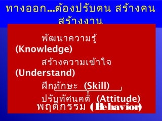 ทางออก...ต้อ งปรับ ตน สร้า งคน
         สร้า งงาน
      พัฒ นาความรู้
 (Knowledge)
      สร้า งความเข้า ใจ
 (Understand)
      ฝึก ทัก ษะ (Skill)
      ปรับ ทัศ นคติ (Attitude)
      พฤติก รรม (Behavior)
 
