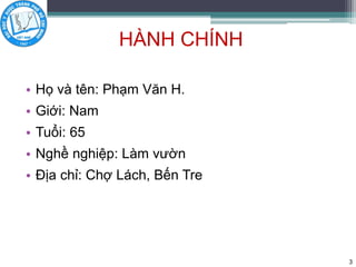 HÀNH CHÍNH
• Họ và tên: Phạm Văn H.
• Giới: Nam
• Tuổi: 65
• Nghề nghiệp: Làm vườn
• Địa chỉ: Chợ Lách, Bến Tre
3
 