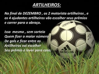 ARTILHEIROS:
No final de DEZEMBRO , os 2 motorista artilheiros , e
os 4 ajudantes artilheiros vão escolher seus prêmios
e correr para o abraço.
Isso mesmo , sem sorteio
Quem fizer o maior número
De gols e ficar entre os
Artilheiros vai escolher
Seu prêmio e levar para casa.
 