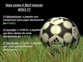 Veja como é fácil marcar
GOLS !!!
1º Absenteísmo: o jogador que
comparecer para jogar diariamente
faz 4 GOLS.
2º Jornada: <= 9:40 hs: o jogador
que ficar abaixo da meta
diariamente faz 3 GOLS.
3º Devolução: <= 1,5%: o jogador
que ficar abaixo da meta
diariamente 3 GOLS.
 
