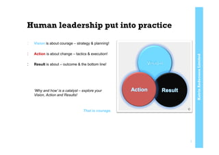 KatrinAnderssonLimited
Human leadership put into practice
:  Vision is about courage – strategy & planning!
:  Action is about change – tactics & execution!
:  Result is about – outcome & the bottom line!
‘Why and how’ is a catalyst – explore your
Vision, Action and Results!
That is courage. ©	
  
7
 