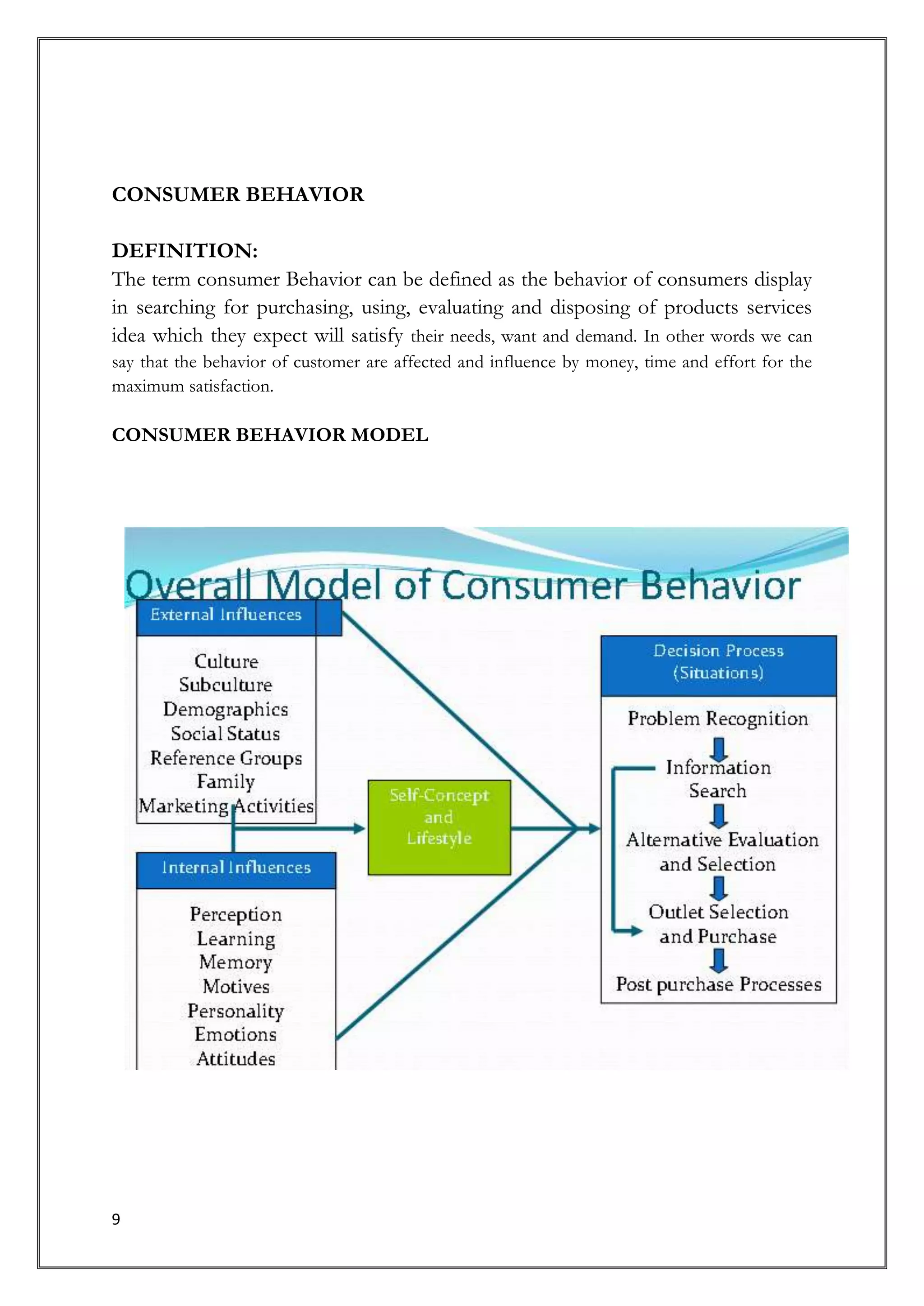 CONSUMER BEHAVIOR

DEFINITION:
The term consumer Behavior can be defined as the behavior of consumers display
in searching for purchasing, using, evaluating and disposing of products services
idea which they expect will satisfy their needs, want and demand. In other words we can
say that the behavior of customer are affected and influence by money, time and effort for the
maximum satisfaction.

CONSUMER BEHAVIOR MODEL




9
 