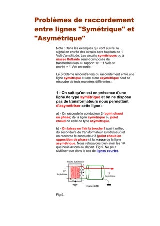 Problèmes de raccordement
entre lignes "Symétrique" et
"Asymétrique"
Note : Dans les exemples qui vont suivre, le
signal en entrée des circuits sera toujours de 1
Volt d'amplitude. Les circuits symétriques ou à
masse flottante seront composés de
transformateurs au rapport 1/1 : 1 Volt en
entrée = 1 Volt en sortie.
Le problème rencontré lors du raccordement entre une
ligne symétrique et une autre asymétrique peut se
résoudre de trois manières différentes :
1 - On sait qu'on est en présence d'une
ligne de type symétrique et on ne dispose
pas de transformateurs nous permettant
d'asymétriser cette ligne :
a) - On raccorde le conducteur 2 (point chaud
en phase) de la ligne symétrique au point
chaud de celle de type asymétrique.
b) - On laisse en l'air la broche 1 (point millieu
du secondaire du transformateur symétriseur) et
on raccorde le conducteur 3 (point chaud en
opposition de phase) à la masse de la ligne
asymétrique. Nous retrouvons bien ainsi les 1V
que nous avions au départ. Fig.9. Ne peut
s'utiliser que dans le cas de lignes courtes.
Fig.9.
 