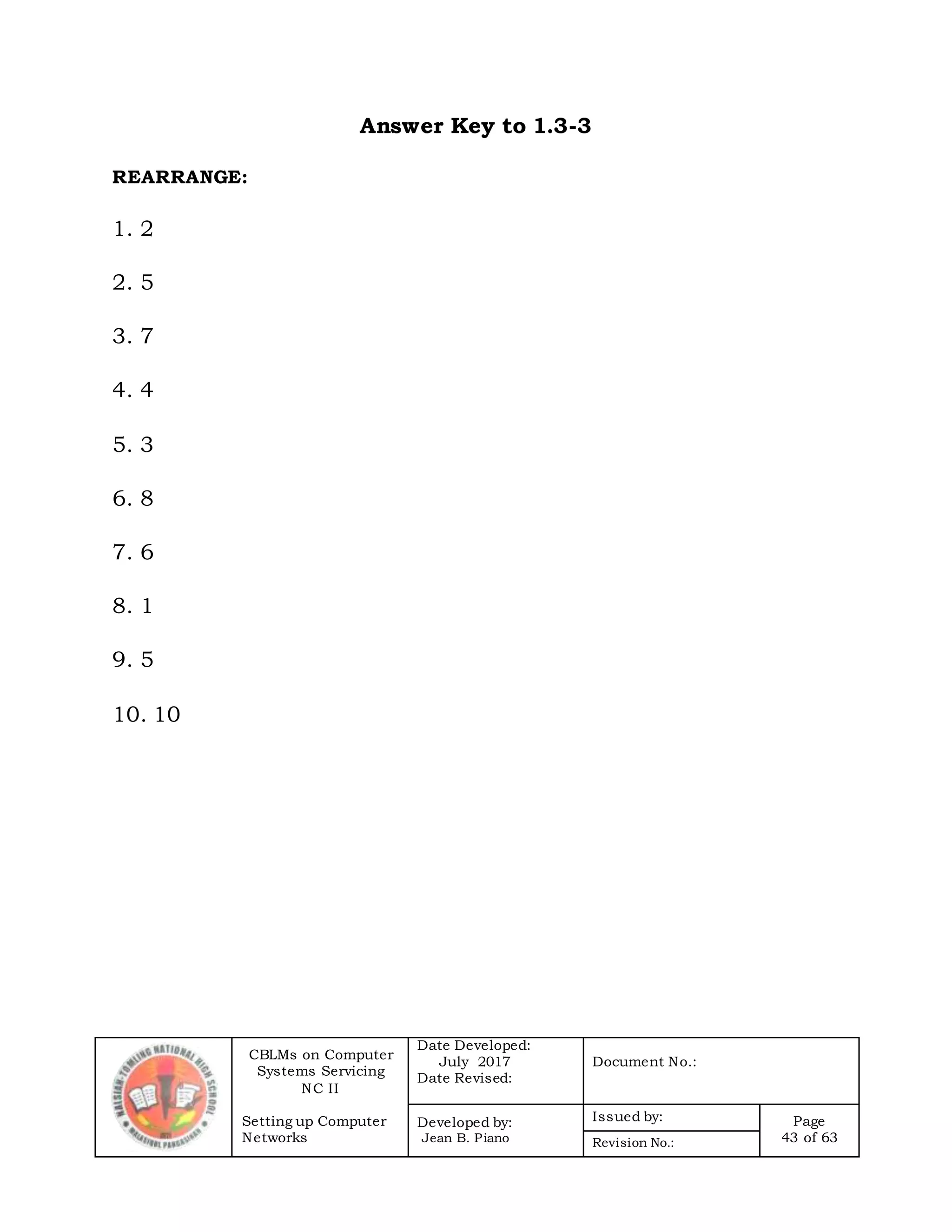 CBLMs on Computer
Systems Servicing
NC II
Setting up Computer
Networks
Date Developed:
July 2017
Date Revised:
Document No.:
Developed by:
Jean B. Piano
Issued by: Page
43 of 63Revision No.:
Answer Key to 1.3-3
REARRANGE:
1. 2
2. 5
3. 7
4. 4
5. 3
6. 8
7. 6
8. 1
9. 5
10. 10
 