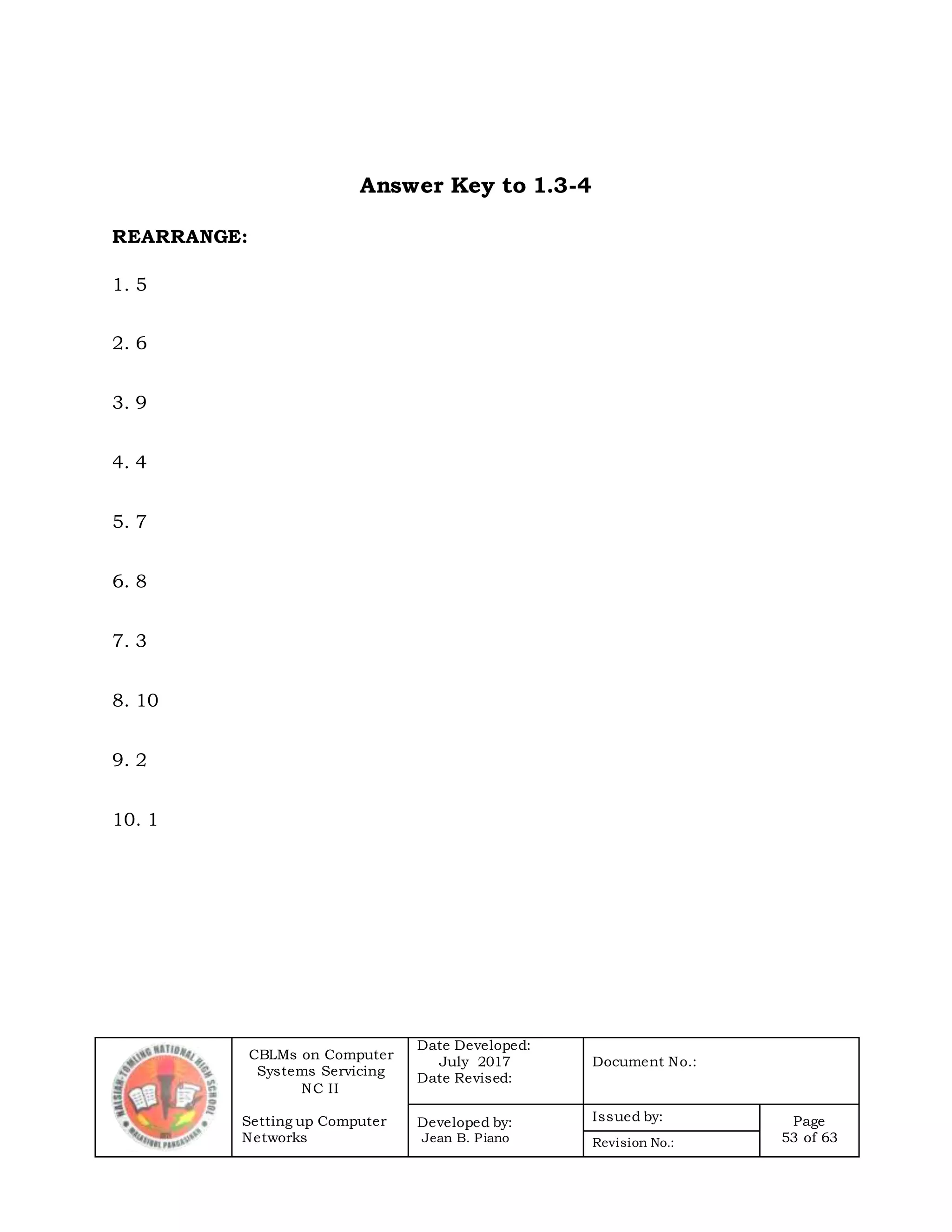 CBLMs on Computer
Systems Servicing
NC II
Setting up Computer
Networks
Date Developed:
July 2017
Date Revised:
Document No.:
Developed by:
Jean B. Piano
Issued by: Page
53 of 63Revision No.:
Answer Key to 1.3-4
REARRANGE:
1. 5
2. 6
3. 9
4. 4
5. 7
6. 8
7. 3
8. 10
9. 2
10. 1
 