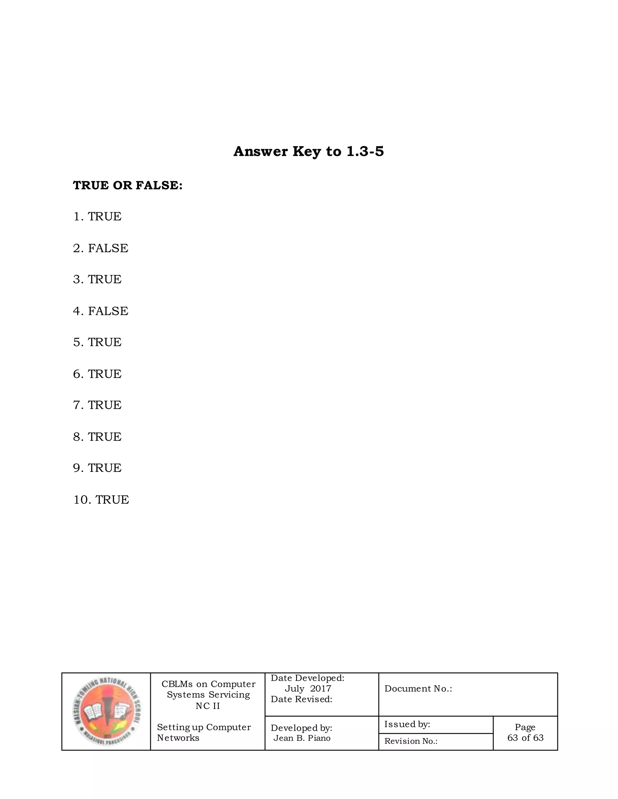 CBLMs on Computer
Systems Servicing
NC II
Setting up Computer
Networks
Date Developed:
July 2017
Date Revised:
Document No.:
Developed by:
Jean B. Piano
Issued by: Page
63 of 63Revision No.:
Answer Key to 1.3-5
TRUE OR FALSE:
1. TRUE
2. FALSE
3. TRUE
4. FALSE
5. TRUE
6. TRUE
7. TRUE
8. TRUE
9. TRUE
10. TRUE
 
