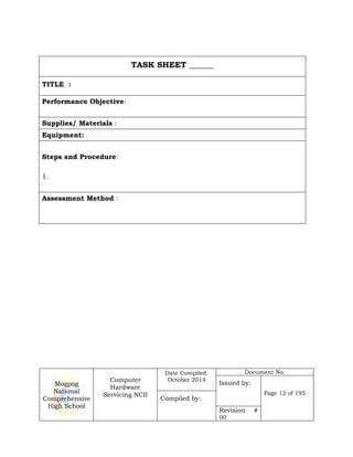 Mogpog
National
Comprehensive
High School
Computer
Hardware
Servicing NCII
Date Compiled:
October 2014
Document No.
Issued by:
Page 12 of 195
Compiled by:
Revision #
00
TASK SHEET ______
TITLE :
Performance Objective:
Supplies/ Materials :
Equipment:
Steps and Procedure:
1.
Assessment Method :
 