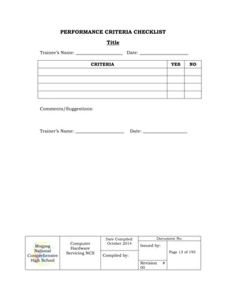 Mogpog
National
Comprehensive
High School
Computer
Hardware
Servicing NCII
Date Compiled:
October 2014
Document No.
Issued by:
Page 13 of 195
Compiled by:
Revision #
00
PERFORMANCE CRITERIA CHECKLIST
Title
Trainee’s Name: _____________________ Date: ______________________
CRITERIA YES NO
Comments/Suggestions:
Trainer’s Name: ______________________ Date: ____________________
 