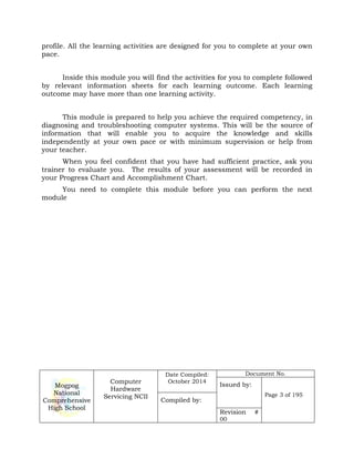 Mogpog
National
Comprehensive
High School
Computer
Hardware
Servicing NCII
Date Compiled:
October 2014
Document No.
Issued by:
Page 3 of 195
Compiled by:
Revision #
00
profile. All the learning activities are designed for you to complete at your own
pace.
Inside this module you will find the activities for you to complete followed
by relevant information sheets for each learning outcome. Each learning
outcome may have more than one learning activity.
This module is prepared to help you achieve the required competency, in
diagnosing and troubleshooting computer systems. This will be the source of
information that will enable you to acquire the knowledge and skills
independently at your own pace or with minimum supervision or help from
your teacher.
When you feel confident that you have had sufficient practice, ask you
trainer to evaluate you. The results of your assessment will be recorded in
your Progress Chart and Accomplishment Chart.
You need to complete this module before you can perform the next
module
 