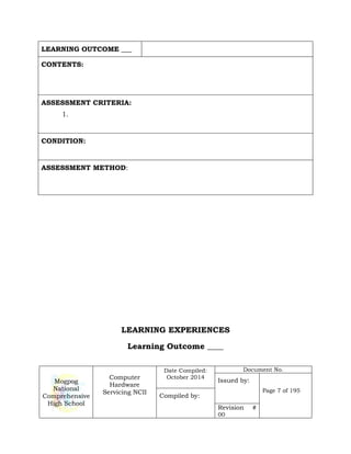 Mogpog
National
Comprehensive
High School
Computer
Hardware
Servicing NCII
Date Compiled:
October 2014
Document No.
Issued by:
Page 7 of 195
Compiled by:
Revision #
00
LEARNING OUTCOME ___
CONTENTS:
ASSESSMENT CRITERIA:
1.
CONDITION:
ASSESSMENT METHOD:
LEARNING EXPERIENCES
Learning Outcome ____
 