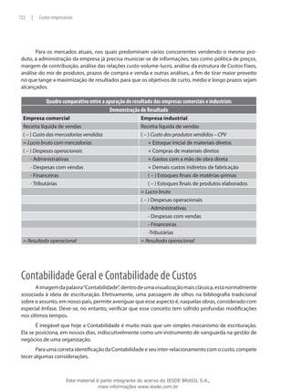 122   |   Custos empresariais




       Para os mercados atuais, nos quais predominam vários concorrentes vendendo o mesmo pro-
 duto, a administração da empresa já precisa municiar-se de informações, tais como política de preços,
 margem de contribuição, análise das relações custo-volume-lucro, análise da estrutura de Custos Fixos,
 análise do mix de produtos, prazos de compra e venda e outras análises, a fim de tirar maior proveito
 no que tange a maximização de resultados para que os objetivos de curto, médio e longo prazos sejam
 alcançados.

             Quadro comparativo entre a apuração do resultado das empresas comerciais e industriais
                                         Demonstração de Resultado
  Empresa comercial                                       Empresa industrial
  Receita líquida de vendas                               Receita líquida de vendas
  ( – ) Custo das mercadorias vendidas                    ( – ) Custo dos produtos vendidos – CPV
  = Lucro bruto com mercadorias                           	 + Estoque inicial de materiais diretos
  ( – ) Despesas operacionais                             	 + Compras de materiais diretos
  	 - Administrativas                                     	 + Gastos com a mão de obra direta
  	 - Despesas com vendas                                 	 + Demais custos indiretos de fabricação
  	 - Financeiras                                         	 ( – ) Estoques finais de matérias-primas
  	 - Tributárias                                         	 ( – ) Estoques finais de produtos elaborados
                                                          = Lucro bruto
                                                          ( – ) Despesas operacionais
                                                          	 - Administrativas
                                                          	 - Despesas com vendas
                                                          	 - Financeiras
                                                          	 -Tributárias
  = Resultado operacional                                 = Resultado operacional




 Contabilidade Geral e Contabilidade de Custos
       A imagem da palavra “Contabilidade”, dentro de uma visualização mais clássica, está normalmente
 associada à ideia de escrituração. Efetivamente, uma passagem de olhos na bibliografia tradicional
 sobre o assunto, em nosso país, permite averiguar que esse aspecto é, naquelas obras, considerado com
 especial ênfase. Deve-se, no entanto, verificar que esse conceito tem sofrido profundas modificações
 nos últimos tempos.
        É inegável que hoje a Contabilidade é muito mais que um simples mecanismo de escrituração.
 Ela se posiciona, em nossos dias, indiscutivelmente como um instrumento de vanguarda na gestão de
 negócios de uma organização.
        Para uma correta identificação da Contabilidade e seu inter-relacionamento com o custo, compete
 tecer algumas considerações.



                         Este material é parte integrante do acervo do IESDE BRASIL S.A.,
                                        mais informações www.iesde.com.br
 