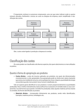 Custos empresariais   | 125




       É importante conhecer os processos empresariais, uma vez que estes indicam onde os gastos
estavam alocados, facilitando o acesso ao custo ou despesa da empresa, assim simplificado a clas-
sificação das contas.




      Obs.: custos estão ligados à produção e despesas às vendas.




Classificação dos custos
      Os custos podem ser classificados sob diversos aspectos, dos quais selecionamos os mais utilizados
na prática.



Quanto à forma de apropriação aos produtos
      ::: Custos diretos – custos de insumos aplicados aos produtos, nos quais são dimensionados
          monetariamente e a eles apropriados. Essa apropriação pode ser direta (sem rateio), bastando
          que exista uma medida de consumo, como quilogramas, horas-máquina, quantidade de energia
          consumida (quando mensurável), horas-homem-trabalhadas etc.
      Sob um aspecto geral, identificam-se aos produtos e variam proporcionalmente às quantidades
produzidas. Para o melhor entendimento, basta verificarmos na bula de um remédio todos os seus com-
ponentes. Isso demonstra que quando o remédio for produzido, todas aquelas matérias-primas estarão
no remédio, facilmente identificadas ao produto.
      ::: Materiais diretos – incorporados diretamente aos produtos, sendo neles identificados.
          Exemplos: matérias-primas, embalagens etc.




             Este material é parte integrante do acervo do IESDE BRASIL S.A.,
                            mais informações www.iesde.com.br
 