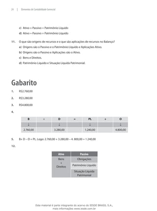 24     |    Elementos de Contabilidade Gerencial




           c)	 Ativo + Passivo = Patrimônio Líquido
           d)	 Ativo = Passivo + Patrimônio Líquido

11.	       O que são origens de recursos e o que são aplicações de recursos no Balanço?
           a)	 Origens são o Passivo e o Patrimônio Líquido e Aplicações Ativo.
           b)	 Origens são o Passivo e Aplicações são o Ativo.
           c)	 Bens e Direitos.
           d)	 Patrimônio Líquido e Situação Líquida Patrimonial.




Gabarito
1.	        R$2.760,00

2.	        R$3.280,00

3.	        R$4.800,00

4.	

                  B                +                D          =               PL   +            O


              2.760,00                        3.280,00                   1.240,00             4.800,00


5.	        B+ D – O = PL. Logo: 2.760,00 + 3.280,00 – 4. 800,00 = 1.240,00

12.

                                                    Ativo            Passivo
                                                    Bens           Obrigações
                                                      +
                                                   Direitos   Patrimônio Líquido

                                                               Situação Líquida
                                                                  Patrimonial




                           Este material é parte integrante do acervo do IESDE BRASIL S.A.,
                                          mais informações www.iesde.com.br
 