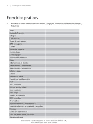 30    |    Classificação das contas contábeis




Exercícios práticos
1.	       Classificar as contas contábeis em Bens, Direitos, Obrigações, Patrimônio Líquido, Receita, Despesa,
          Redutoras.

      Banco
      Aplicação financeira
      Estoques
      Capital Social
      Venda de mercadorias
      ICMS a recuperar
      Clientes
      Duplicatas a receber
      Fornecedores
      Contas a pagar
      Empréstimos bancários
      Caixa
      Adiantamento de clientes
      Adiantamento a fornecedores
      Adiantamento a funcionários
      Salários a pagar
      Salários
      Previdência Social
      Previdência Social a recolher
      FGTS
      FGTS a recolher
      Décimo terceiro salário
      Juros recebidos
      Juros pagos
      Devolução de vendas
      ICMS a recolher
      IPI a recolher
      Imposto de Renda – pessoa jurídica
      Imposto de Renda – pessoa jurídica a recolher
      Veículos
      Gastos pré-operacionais
      Participação em outras empresas
      Marcas e patentes
                           Este material é parte integrante do acervo do IESDE BRASIL S.A.,
                                          mais informações www.iesde.com.br
 