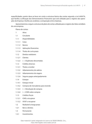 Balanço Patrimonial e Demonstração do Resultado segundo a Lei 6.404/76   | 47




especificidades, porém deve-se levar em conta a estrutura básica das contas segundo a Lei 6.404/76,
que facilita a unificação dos Demonstrativos Financeiros que será utilizado para o registro das opera-
ções da Empresa e facilita aos analistas a comparação entre empresas.
     Apresentaremos a seguir a estrutura do plano de contas utilizada para o registro dos fatos contábeis
de uma empresa.
      Planos de contas:
      1		          Ativo
      1.1	         Circulante
      1.1.1	       Disponibilidades
      1.1.1.1	     Caixa
      1.1.1.2	     Bancos
      1.1.1.3	     Aplicações financeiras
      1.1.1.4	     Títulos de curto prazo
      1.1.2	       Direitos realizáveis
      1.1.2.1	     Clientes
      1.1.2.2	     ( – ) Duplicatas descontadas
      1.1.3	       Créditos diversos
      1.1.3.1	     Títulos a receber
      1.1.3.2	     Adiantamentos de salários
      1.1.3.3	     Adiantamentos de viagens
      1.1.3.4	     Seguros pagos antecipadamente
      1.1.4	       Estoque
      1.1.4.1	     Estoque inicial
      1.1.4.2	     Compras de mercadorias para revenda
      1.1.4.3	     ( – ) Devolução de compras
      1.1.4.4	     ( – ) ICMS sobre compras
      1.1.5	       Créditos fiscais
      1.1.5.1	     ICMS a recuperar
      1.1.5.2	     I.R.R.F a recuperar
      1.2	         Realizável a longo prazo
      1.2.1	       Bens e direitos
      1.3	         Permanente
      1.3.1	       Investimentos


                 Este material é parte integrante do acervo do IESDE BRASIL S.A.,
                                mais informações www.iesde.com.br
 