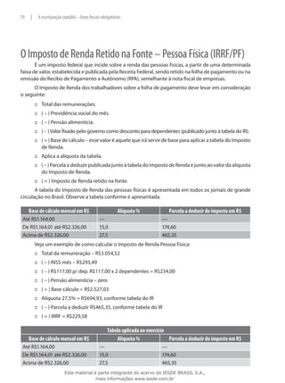 74    |    A escrituração contábil – livros fiscais obrigatórios




O Imposto de Renda Retido na Fonte – Pessoa Física (IRRF/PF)
       É um imposto federal que incide sobre a renda das pessoas físicas, a partir de uma determinada
faixa de valor, estabelecida e publicada pela Receita Federal, sendo retido na folha de pagamento ou na
emissão do Recibo de Pagamento a Autônomo (RPA), semelhante à nota fiscal de empresas.
      O Imposto de Renda dos trabalhadores sobre a folha de pagamento deve levar em consideração
o seguinte:
          ::: Total das remunerações:
          ::: ( – ) Previdência social do mês.
          ::: ( – ) Pensão alimentícia.
          ::: ( – ) Valor fixado pelo governo como desconto para dependentes (publicado junto à tabela do IR).
          ::: ( = ) Base de cálculo – esse valor é aquele que irá servir de base para aplicar a tabela do Imposto
              de Renda.
          ::: Aplica a alíquota da tabela.
          ::: ( – ) Parcela a deduzir publicada junto à tabela do Imposto de Renda e junto ao valor da alíquota
              do Imposto de Renda.
          ::: ( = ) Imposto de Renda retido na fonte.
       A tabela do Imposto de Renda das pessoas físicas é apresentada em todos os jornais de grande
circulação no Brasil. Observe a tabela conforme é apresentada.

     Base de cálculo mensal em R$                            Alíquota %             Parcela a deduzir do imposto em R$
 Até R$1.164,00                                   —                             —
 De R$1.164,01 até R$2.326,00                     15,0                          174,60
 Acima de R$2.326,00                              27,5                          465,35
          Veja um exemplo de como calcular o Imposto de Renda Pessoa Física:
          ::: Total da remuneração – R$3.054,52
          ::: ( – ) INSS mês – R$293,49
          ::: ( – ) R$117,00 p/ dep. R$117,00 x 2 dependentes = R$234,00
          ::: ( – ) Pensão alimentícia – zero
          ::: ( = ) Base cálculo = R$2.527,03
          ::: Alíquota 27,5% = R$694,93, conforme tabela do IR
          ::: ( – ) Parcela a deduzir R$465,35, conforme tabela do IR
          ::: ( = ) IRRF = R$229,58

                                                       Tabela aplicada ao exercício
     Base de cálculo mensal em R$                          Alíquota %               Parcela a deduzir do imposto em R$
 Até R$1.164,00                                   —                             —
 De R$1.164,01 até R$2.326,00                     15,0                          174,60
 Acima de R$2.326,00                              27,5                          465,35
                           Este material é parte integrante do acervo do IESDE BRASIL S.A.,
                                          mais informações www.iesde.com.br
 