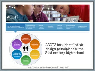 ACOT2 has identified six
                  design principles for the
                  21st century high school



http://education.apple.com/acot2/principles/
 