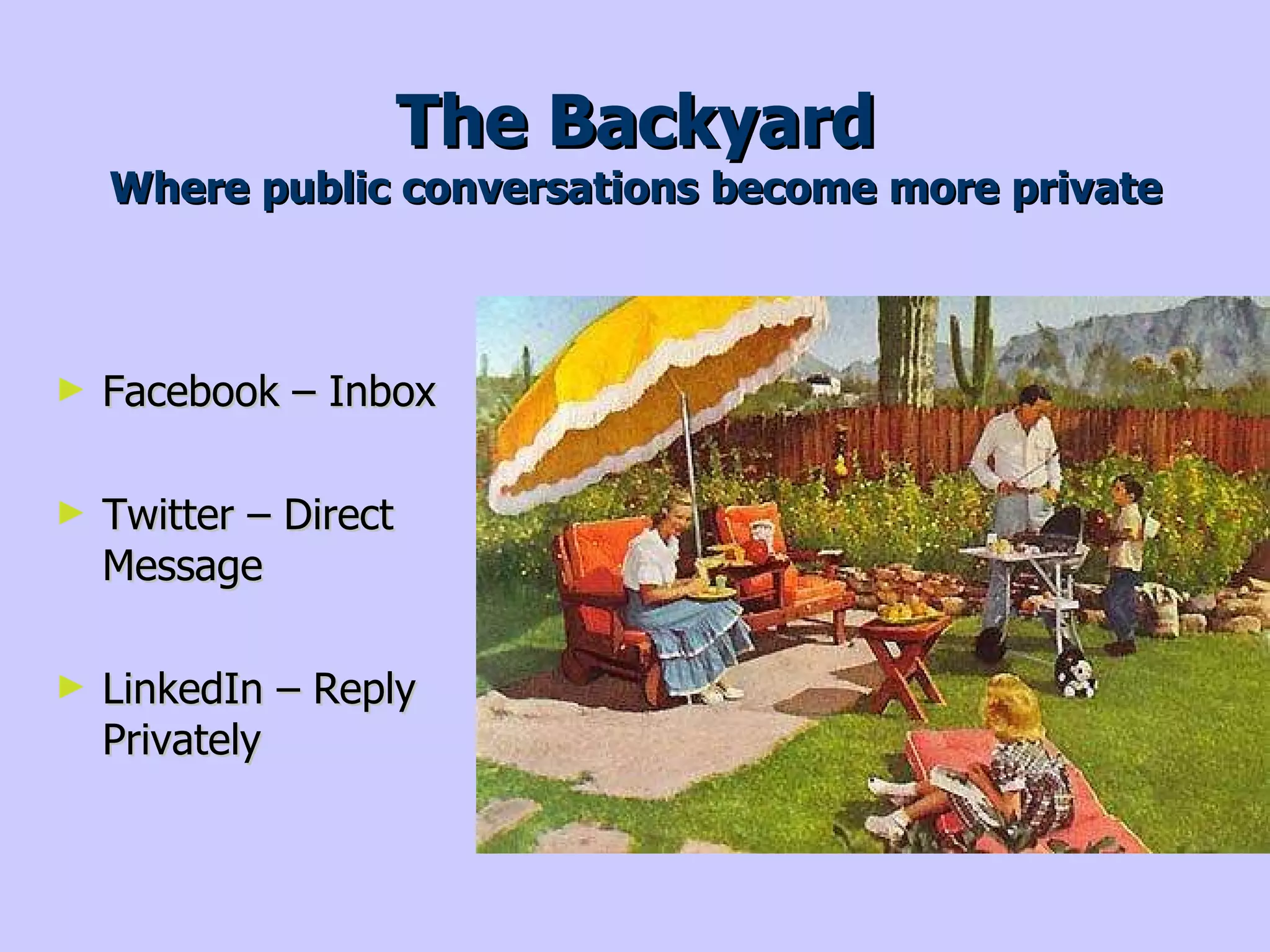 Offline Front Yard Come to Chamber meetings occasionally Member of other professional groups Make an effort to meet people Collect business cards; add to database 