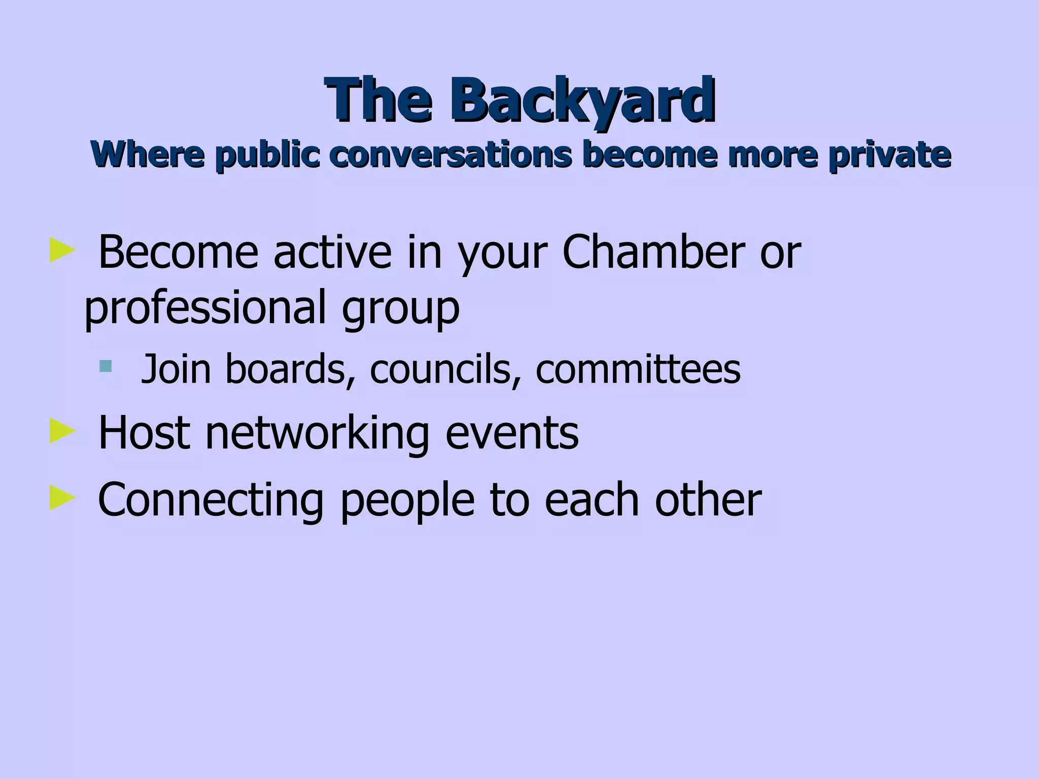 The Backyard Where public conversations become more private Facebook – Inbox Twitter – Direct Message LinkedIn – Reply Privately 