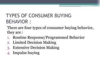 TYPES OF CONSUMER BUYING 
BEHAVIOR : 
There are four types of consumer buying behavior, 
they are : 
1. Routine Response/Programmed Behavior 
2. Limited Decision Making 
3. Extensive Decision Making 
4. Impulse buying 
 