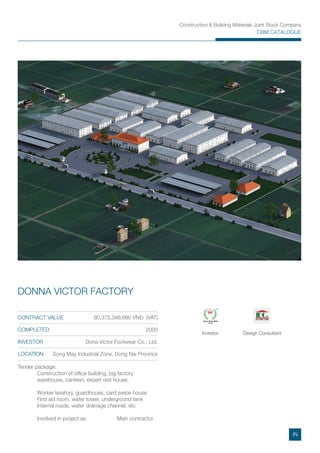 Construction & Building Materials Joint Stock Company
CBM CATALOGUE
Tender package:
Construction of ofﬁce building, big factory
warehouse, canteen, expert rest house,
Worker lavatory, guardhouse, card swipe house
First aid room, water tower, underground tank
Internal roads, water drainage channel, etc
Involved in project as: Main contractor
CONTRACT VALUE 80,375,348,680 VND (VAT)
COMPLETED 2005
INVESTOR Dona Victor Footwear Co., Ltd.
LOCATION Song May Industrial Zone, Dong Nai Province
DONNA VICTOR FACTORY
Investor Design Consultant
IN
 