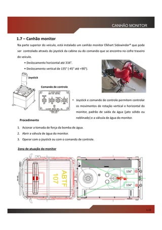 1.7 – Canhão monitor
Na parte superior do veículo, está instalado um canhão monitor Elkhart Sidewinder® que pode
ser controlado através do joystick da cabine ou do comando que se encontra no cofre traseiro
do veículo.
1.13
CANHÃO MONITOR
Procedimento
1. Acionar a tomada de força da bomba de água.
2. Abrir a válvula de água do monitor.
3. Operar com o joystick ou com o comando de controle.
• Joystick e comando de controle permitem controlar
os movimentos de rotação vertical e horizontal do
monitor, padrão de saída da água (jato sólido ou
neblinado) e a válvula de água do monitor.
Joystick
Comando de controle
• Deslocamento horizontal até 334°.
• Deslocamento vertical de 135° (-45° até +90°).
156°
156°
Zona de atuação do monitor
 
