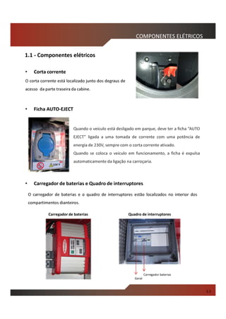 Quando o veículo está desligado em parque, deve ter a ficha “AUTO
EJECT” ligada a uma tomada de corrente com uma potência de
energia de 230V, sempre com o corta corrente ativado.
Quando se coloca o veículo em funcionamento, a ficha é expulsa
automaticamente da ligação na carroçaria.
• Ficha AUTO-EJECT
• Carregador de baterias e Quadro de interruptores
COMPONENTES ELÉTRICOS
1.1
1.1 - Componentes elétricos
• Corta corrente
O corta corrente está localizado junto dos degraus de
acesso da parte traseira da cabine.
Carregador de baterias Quadro de interruptores
Geral
Carregador baterias
O carregador de baterias e o quadro de interruptores estão localizados no interior dos
compartimentos dianteiros.
 