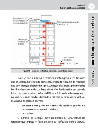 Módulo 5
Segurança Contra Incêndio
101
Sistemasdeproteçãocontraincêndioepânico
Figura 49 - Esquema vertical do sistema de hidrante de parede
Note-se que o sistema é totalmente interligado a um hidrante
que se localiza no térreo da edificação, chamado hidrante de recalque
que tem a função de permitir a pressurização do sistema por meio das
bombas das viaturas de combate a incêndio. Sendo assim, em caso de
falhas nas duas bombas ou fim da RTI do prédio, os bombeiros podem
pressurizar a rede predial utilizando o sistema de bombas da viatura.
Para isso, é necessário apenas:
•	 conectar a mangueira no hidrante de recalque que fica no
passeio ou na entrada do prédio, e
•	 pressurizar.
O hidrante de recalque deve ser dotado de uma válvula de
retenção que impeça o fluxo de água da edificação para a viatura.
 