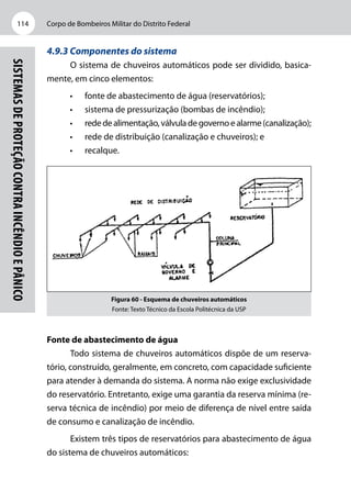 Corpo de Bombeiros Militar do Distrito Federal114
Sistemasdeproteçãocontraincêndioepânico
4.9.3 Componentes do sistema
O sistema de chuveiros automáticos pode ser dividido, basica-
mente, em cinco elementos:
•	 fonte de abastecimento de água (reservatórios);
•	 sistema de pressurização (bombas de incêndio);
•	 rededealimentação,válvuladegovernoealarme(canalização);
•	 rede de distribuição (canalização e chuveiros); e
•	 recalque.
Figura 60 - Esquema de chuveiros automáticos
Fonte: Texto Técnico da Escola Politécnica da USP
Fonte de abastecimento de água
Todo sistema de chuveiros automáticos dispõe de um reserva-
tório, construído, geralmente, em concreto, com capacidade suficiente
para atender à demanda do sistema. A norma não exige exclusividade
do reservatório. Entretanto, exige uma garantia da reserva mínima (re-
serva técnica de incêndio) por meio de diferença de nível entre saída
de consumo e canalização de incêndio.
Existem três tipos de reservatórios para abastecimento de água
do sistema de chuveiros automáticos:
 
