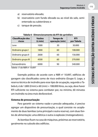 Módulo 5
Segurança Contra Incêndio
115
Sistemasdeproteçãocontraincêndioepânico
a)	 reservatório elevado;
b)	 reservatório com fundo elevado ou ao nível do solo, semi-­
enterrado ou subterrâneo; e
c)	 tanque de pressão.
Tabela 6 - Dimensionamento da RTI de sprinklers
Classificação dos
riscos
Vazões
(L/min)
Tempo de
operação (min)
RTI
por Tabela
Leve 1000 30 30.000
Ordinário grupo I 1800 60 108.000
Ordinário grupo II 2600 60 156.000
Ordinário grupo III 4500 60 270.000
Extraordinário 6000 90 540.000
Tabela 17 da NBR no
10.897
Exemplo prático: de acordo com a NBR no
10.897, edifícios de
garagem são classificados como de risco ordinário (Grupo I). Logo, a
reserva técnica de incêndio para esse tipo de ocupação, segundo a Ta-
bela 6, é de 1.800 (l/min) x 60 (min) = 108.000 litros, ou seja, deve haver
RTI suficiente no sistema para combater por, no mínimo, 60 minutos
um incêndio na área mais desfavorável.
Sistema de pressurização
Para garantir ao sistema vazão e pressão adequadas, é preciso
agregar um dispositivo de pressurização, o qual consiste no acopla-
mento de duas bombas (uma principal e outra reserva), com duas fon-
tes de alimentação: uma elétrica e outra à explosão (motogeradores).
As bombas ficam na casa de máquinas, próximas ao reservatório,
geralmente no subsolo dos edifícios.
 
