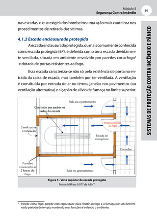 Módulo 5
Segurança Contra Incêndio
39
Sistemasdeproteçãocontraincêndioepânico
nas escadas, o que exigirá dos bombeiros uma ação mais cautelosa nos
procedimentos de retirada das vítimas.
4.1.2 Escada enclausurada protegida
Aescadaenclausuradaprotegida,oumaiscomumenteconhecida
como escada protegida (EP), é definida como uma escada devidamen-
te ventilada, situada em ambiente envolvido por paredes corta-fogo3
e dotada de portas resistentes ao fogo.
Essa escada caracteriza-se não só pela existência de porta na en-
trada da caixa de escada, mas também por ser ventilada. A ventilação
é constituída por entrada de ar no térreo, janelas nos pavimentos (ou
ventilação alternativa) e alçapão de alívio de fumaça no limite superior.
Figura 5 - Vista superior da escada protegida
Fonte: NBR no 9.077 da ABNT
3
	 Parede corta-fogo: parede com capacidade para resistir ao fogo e à fumaça por um determi-
nado período de tempo, mantendo suas funções e isolando o ambiente.
 