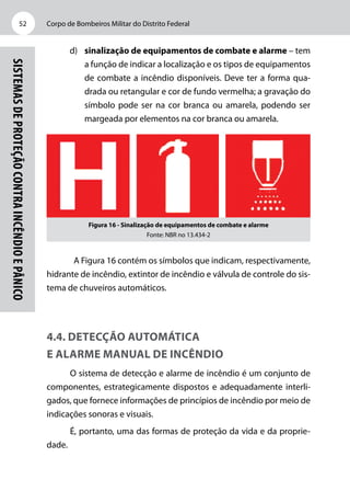 Corpo de Bombeiros Militar do Distrito Federal52
Sistemasdeproteçãocontraincêndioepânico
d)	 sinalização de equipamentos de combate e alarme – tem
a função de indicar a localização e os tipos de equipamentos
de combate a incêndio disponíveis. Deve ter a forma qua-
drada ou retangular e cor de fundo vermelha; a gravação do
símbolo pode ser na cor branca ou amarela, podendo ser
margeada por elementos na cor branca ou amarela.
Figura 16 - Sinalização de equipamentos de combate e alarme
Fonte: NBR no 13.434-2
A Figura 16 contém os símbolos que indicam, respectivamente,
hidrante de incêndio, extintor de incêndio e válvula de controle do sis-
tema de chuveiros automáticos.
4.4. Detecção automática
e alarme manual de incêndio
O sistema de detecção e alarme de incêndio é um conjunto de
componentes, estrategicamente dispostos e adequadamente interli-
gados, que fornece informações de princípios de incêndio por meio de
indicações sonoras e visuais.
É, portanto, uma das formas de proteção da vida e da proprie-
dade.
 