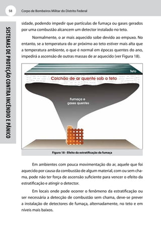 Corpo de Bombeiros Militar do Distrito Federal58
Sistemasdeproteçãocontraincêndioepânico
sidade, podendo impedir que partículas de fumaça ou gases gerados
por uma combustão alcancem um detector instalado no teto.
Normalmente, o ar mais aquecido sobe devido ao empuxo. No
entanto, se a temperatura do ar próximo ao teto estiver mais alta que
a temperatura ambiente, o que é normal em épocas quentes do ano,
impedirá a ascensão de outras massas de ar aquecido (ver Figura 18).
Figura 18 - Efeito da estratificação da fumaça
Em ambientes com pouca movimentação do ar, aquele que foi
aquecido por causa da combustão de algum material, com ou sem cha-
ma, pode não ter força de ascensão suficiente para vencer o efeito da
estratificação e atingir o detector.
Em locais onde pode ocorrer o fenômeno da estratificação ou
ser necessária a detecção de combustão sem chama, deve-se prever
a instalação de detectores de fumaça, alternadamente, no teto e em
níveis mais baixos.
 