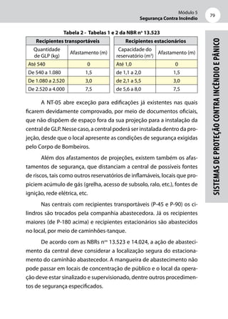 Módulo 5
Segurança Contra Incêndio
79
Sistemasdeproteçãocontraincêndioepânico
Tabela 2 - Tabelas 1 e 2 da NBR no
13.523
Recipientes transportáveis Recipientes estacionários
Quantidade
de GLP (kg)
Afastamento (m)
Capacidade do
reservatório (m3
)
Afastamento (m)
Até 540 0 Até 1,0 0
De 540 a 1.080 1,5 de 1,1 a 2,0 1,5
De 1.080 a 2.520 3,0 de 2,1 a 5,5 3,0
De 2.520 a 4.000 7,5 de 5,6 a 8,0 7,5
A NT-05 abre exceção para edificações já existentes nas quais
ficarem devidamente comprovado, por meio de documentos oficiais,
que não dispõem de espaço fora da sua projeção para a instalação da
central de GLP. Nesse caso, a central poderá ser instalada dentro da pro-
jeção, desde que o local apresente as condições de segurança exigidas
pelo Corpo de Bombeiros.
Além dos afastamentos de projeções, existem também os afas-
tamentos de segurança, que distanciam a central de possíveis fontes
de riscos, tais como outros reservatórios de inflamáveis, locais que pro-
piciem acúmulo de gás (grelha, acesso de subsolo, ralo, etc.), fontes de
ignição, rede elétrica, etc.
Nas centrais com recipientes transportáveis (P-45 e P-90) os ci-
lindros são trocados pela companhia abastecedora. Já os recipientes
maiores (de P-180 acima) e recipientes estacionários são abastecidos
no local, por meio de caminhões-tanque.
De acordo com as NBRs nos
13.523 e 14.024, a ação de abasteci-
mento da central deve considerar a localização segura do estaciona-
mento do caminhão abastecedor. A mangueira de abastecimento não
pode passar em locais de concentração de público e o local da opera-
ção deve estar sinalizado e supervisionado, dentre outros procedimen-
tos de segurança especificados.
 