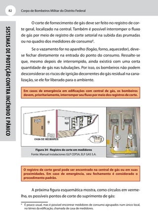 Corpo de Bombeiros Militar do Distrito Federal82
Sistemasdeproteçãocontraincêndioepânico
O corte de fornecimento de gás deve ser feito no registro de cor-
te geral, localizado na central. Também é possível interromper o fluxo
de gás por meio de registro de corte setorial na subida das prumadas
ou no quadro dos medidores de consumo8
.
Se o vazamento for no aparelho (fogão, forno, aquecedor), deve-­
se fechar diretamente na entrada do ponto do consumo. Ressalte-se
que, mesmo depois de interrompido, ainda existirá com uma certa
quantidade de gás nas tubulações. Por isso, os bombeiros não podem
desconsiderar os riscos de ignição decorrentes do gás residual na cana-
lização, se ele for liberado para o ambiente.
Em casos de emergência em edificações com central de gás, os bombeiros
devem,prioritariamente,interromperseufluxopormeiodosregistrosdecorte.
Figura 34 - Registro de corte em medidores
Fonte: Manual instalaciones GLP CEPSA, ELF GAS S.A.
O registro de corte geral pode ser encontrado na central de gás ou em suas
proximidades. Em caso de emergência, seu fechamento é considerado o
procedimento padrão.
A próxima figura esquemática mostra, como círculos em verme-
lho, os possíveis pontos de corte do suprimento de gás:
8
	 É pouco usual, mas é possível encontrar medidores de consumo agrupados num único local,
no térreo da edificação, chamada de casa de medidores.
 
