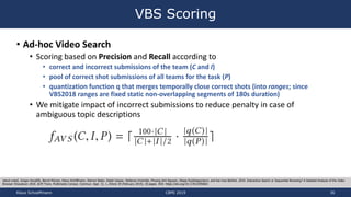 • Ad-hoc Video Search
• Scoring based on Precision and Recall according to
• correct and incorrect submissions of the team...