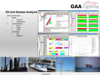 Oil and Grease Analysis
Three dimensions:
     Wear
          Ferrous
          Nonferrous
     Contamination
          Dust
          Water
          Fuel
     Chemistry
          Oil
          Additive




                           4 July 2012
                          4 July 2012    7
 
