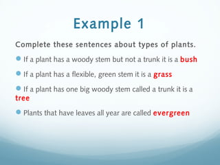 Example 1
Complete these sentences about types of plants.
If a plant has a woody stem but not a trunk it is a bush
If a plant has a flexible, green stem it is a grass
If a plant has one big woody stem called a trunk it is a
tree
Plants that have leaves all year are called evergreen
 
