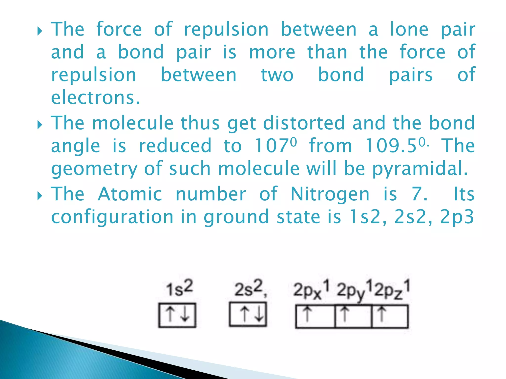  The force of repulsion between a lone pair
and a bond pair is more than the force of
repulsion between two bond pairs of
electrons.
 The molecule thus get distorted and the bond
angle is reduced to 1070 from 109.50. The
geometry of such molecule will be pyramidal.
 The Atomic number of Nitrogen is 7. Its
configuration in ground state is 1s2, 2s2, 2p3
 
