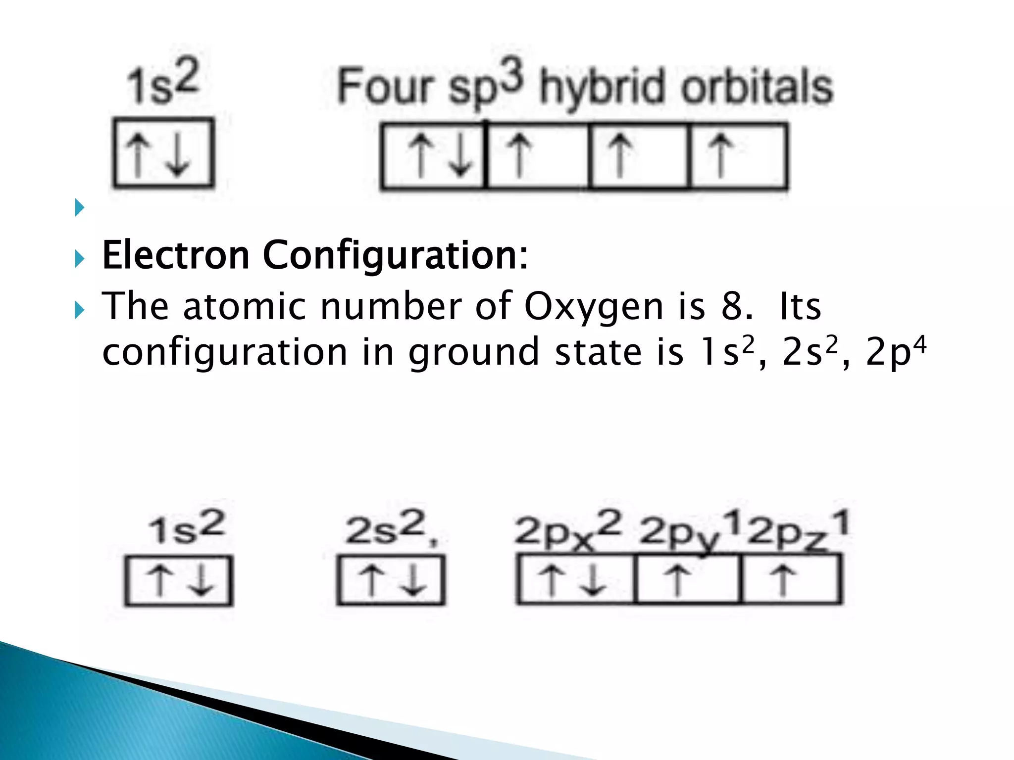  Formation of water molecule:
 Electron Configuration:
 The atomic number of Oxygen is 8. Its
configuration in ground state is 1s2, 2s2, 2p4
 